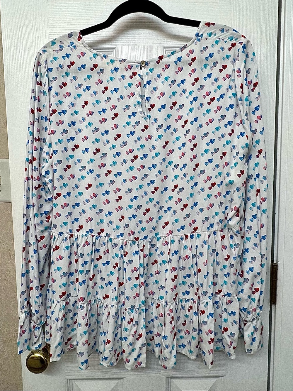 Women's White Multi-Colored Heart Long Sleeve Peplum Top - Picture 2 of 5